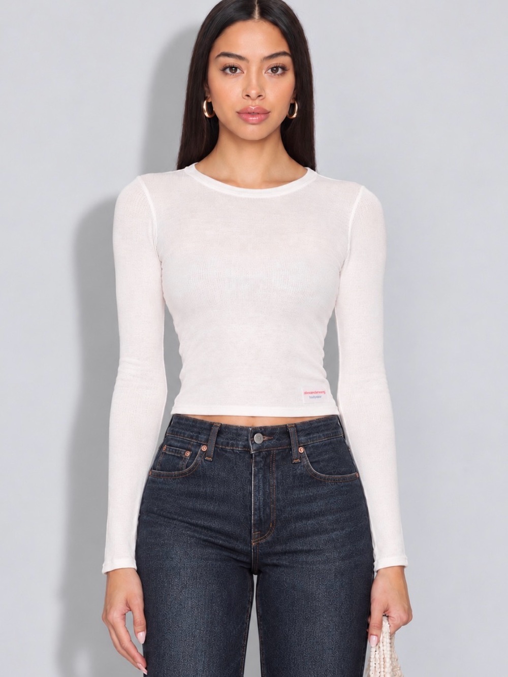 Alexander Wang Pearl Ribbed Long Sleeve Crewneck Top Size S